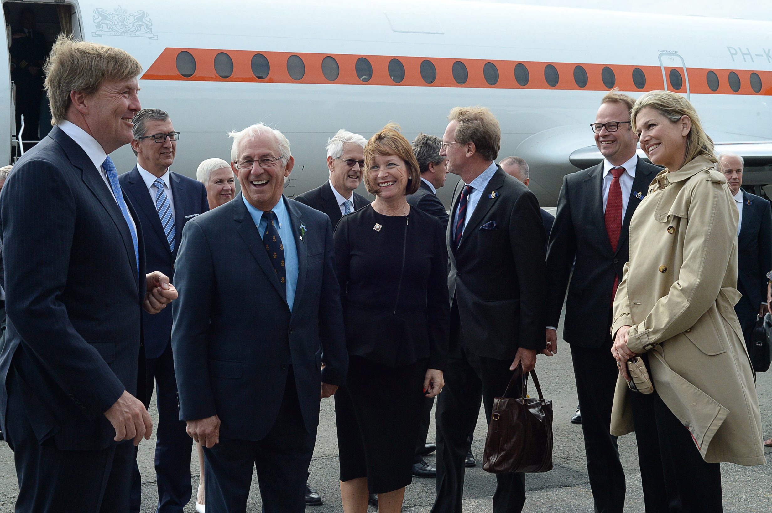 King Willem-Alexander, left, and Queen Maxima, right, of the Netherlands, are greeted by Newfoundland and Labrador Lieut-Gov. Frank Fagan, second from left, and his wife Patricia as they arrive at St. John's International Airport, Tuesday, May 26, 2015, in St John's, Newfoundland. (Joe Gibons/St. John's Telegram via The Canadian Press via AP, Pool)