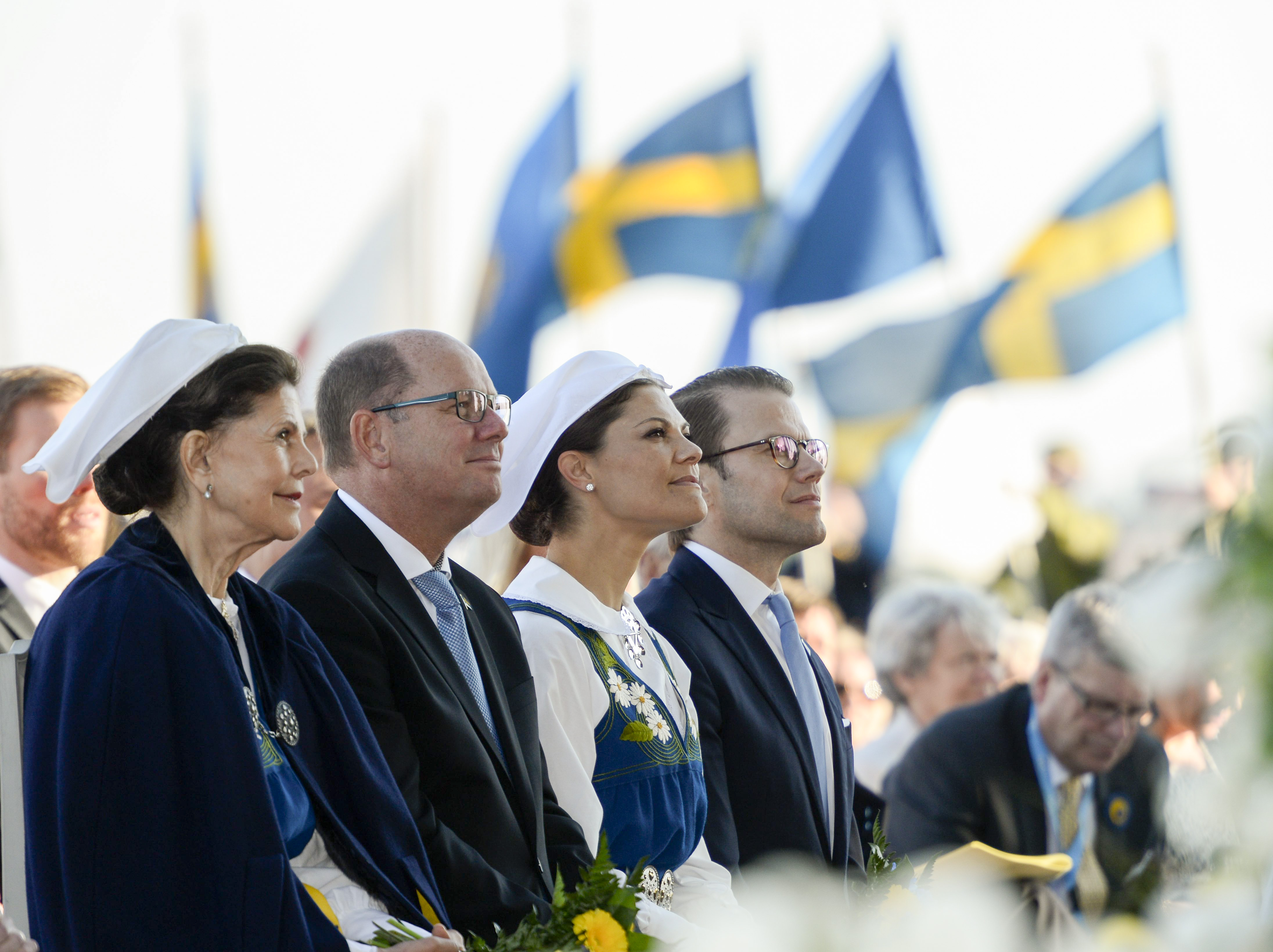 From left: Sweden's Queen Silvia, Parliamentary speaker Urban Ahlin, Crown Princess Victoria and Prince Daniel  during National Day of Sweden celebrations in Stockholm Saturday June 6, 2015. (Janerik Henriksson/TT via AP)   SWEDEN OUT