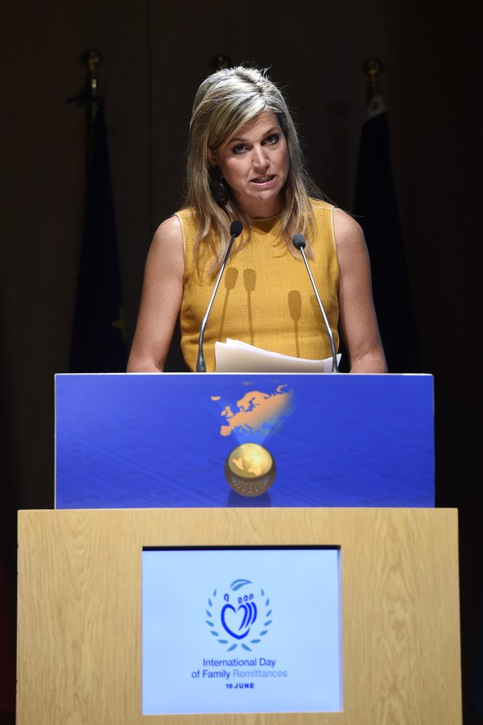 Queen Maxima of the Netherlands delivers a speech on the opening day of the Global Forum on Remittances Development 2015 (GFRD), on June 16, 2015 in Rho, Italy. AFP PHOTO / OLIVIER MORIN