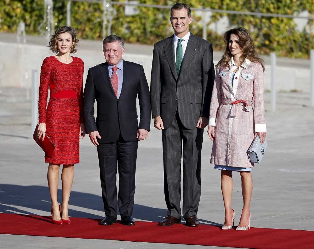 Spain's King Felipe and Queen Letizia stand with Jordan's King Abdullah and Queen Rania during a welcoming ceremony at the start of a two-day official visit to Spain in Madrid