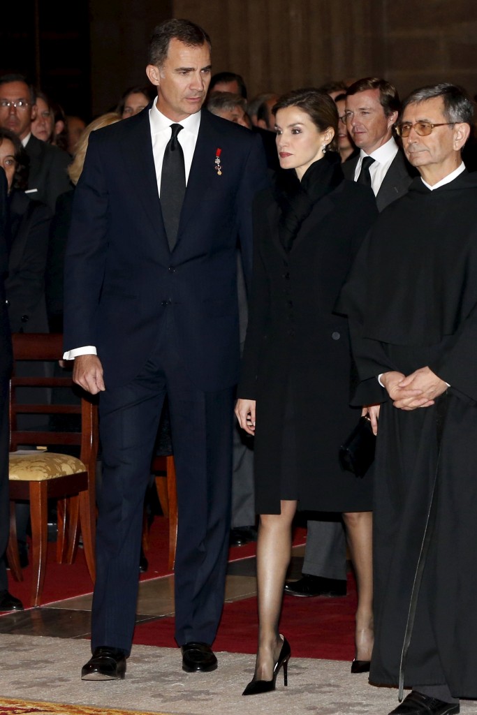 Spain's King Felipe and Queen Letizia arrive at the funeral service of Carlos de Borbon in San Lorenzo de El Escorial