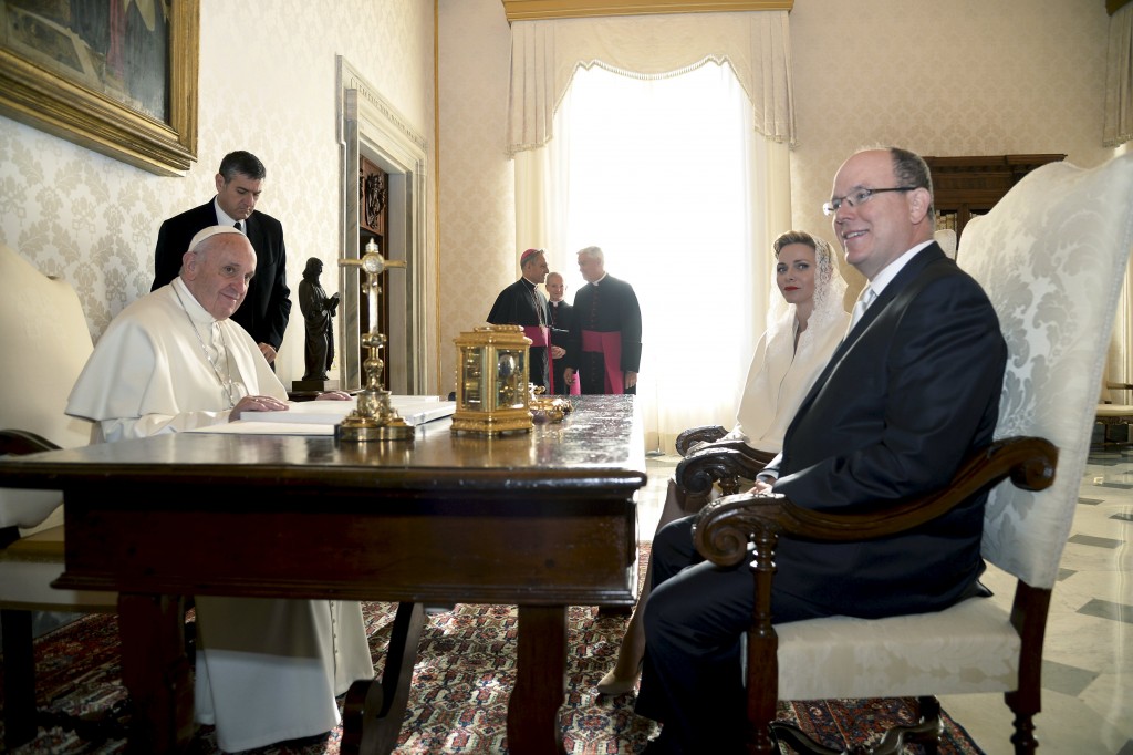 Prince Albert II of Monaco and his wife Princess Charlene meet Pope Francis during a private audience at the Vatican