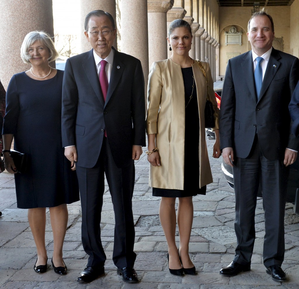 UN Secretary General Ban Ki-moon, Crown Princess Victoria, Swedish Prime Minister Stefan Lofven and his wife Ulla Lofven arrive at the City Hall in Stockholm