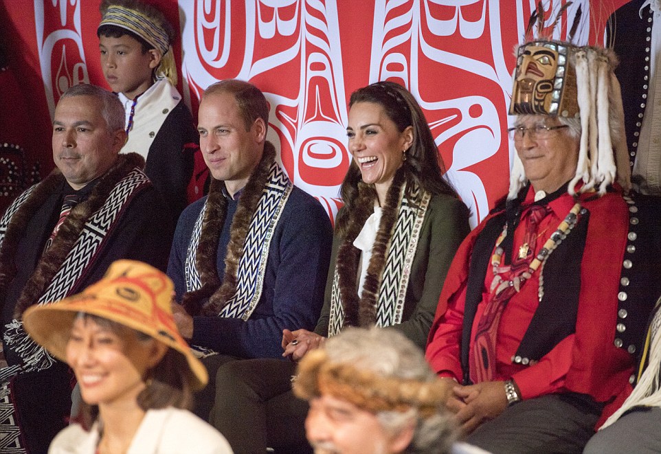 The Duke and Duchess of Cambridge will visited Haida Gwaii, the archipelago on the northern coast of British Columbia that is home to the Haida Nation. It is a remote, but very special place. the couple arrived at Skidegate, travelled in a traditional Haida canoe helped paddle around to the beach at the Haida Heritage Centre and Museum, where they were officially welcomed. The royal couple then watched a cultural performance from around 30 local children.in Canada. Picture: Arthur Edwards