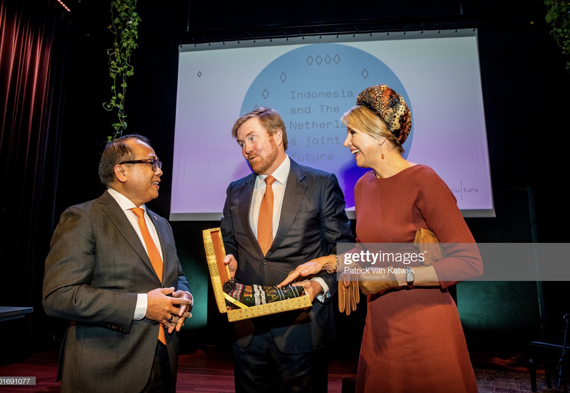 AMSTERDAM, NETHERLANDS - FEBRUARY 18: King Willem-Alexander of The Netherlands and Queen Maxima of The Netherlands attend the seminar Indonesia and the Netherlands: A joint Future on February 18, 2020 in Amsterdam, Netherlands. The seminar is an event prior the State visit of King Willem-Alexander and Queen Maxima in March.  (Photo by Patrick van Katwijk/WireImage )