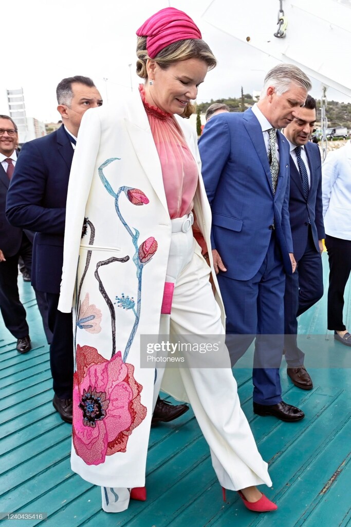 ATHENS, GREECE - MAY 04 : State Visit of Their Majesties the King Philippe and the Queen Mathilde to the Hellenic Republic.  Visit to the LNG-terminal of Revithoussa and welcome by the Minister of the Environment and Energy, HE Kostas Skrekas, the CEO of Desfa, Maria Rita Galli, and the CEO of Fluxys, Pascal De Buck on May 04, 2022 in Athens, Greece, 4/05/2022 ( Photo by Didier Lebrun / Photonews via Getty Images)